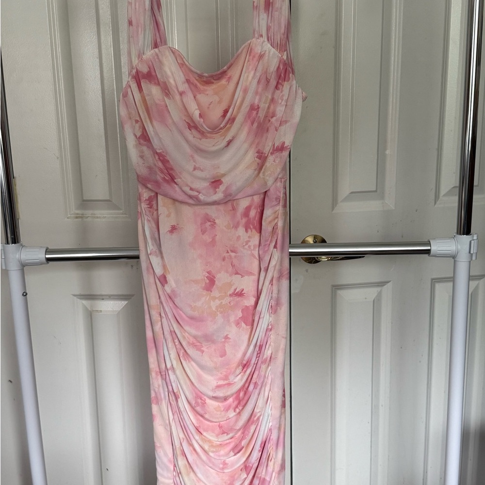 SHEIN Pink and White Cowl Neck Bodycon Dress